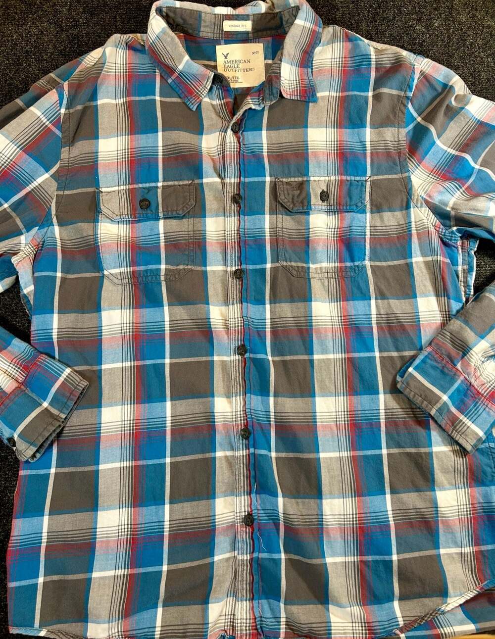 American Eagle Outfitters Men's Fit Blue Plaid Long Sleeve Button-Up Shirt XXL